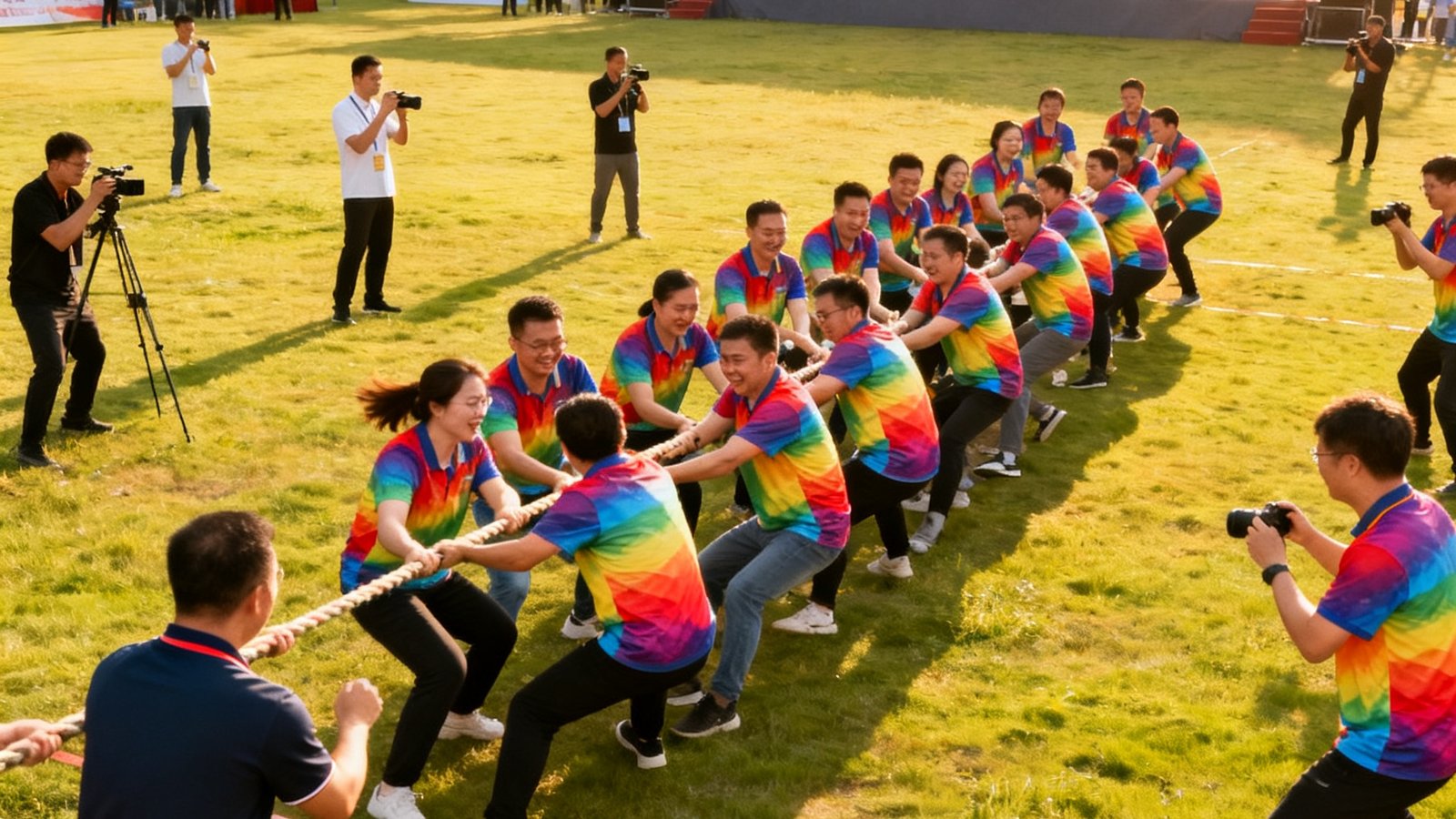大型企业团建活动现场，上百名员工穿着统一彩色运动T恤在草地上进行趣味拔河比赛，周围有专业裁判和摄影师记录，远处可见搭建的舞台和横幅