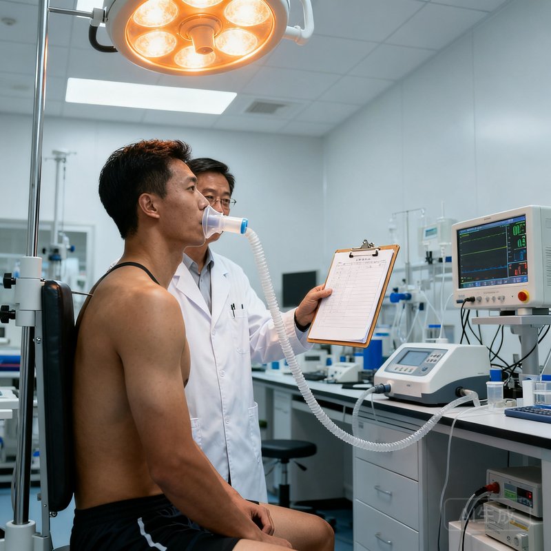 运动科学顾问李明博士在实验室中使用专业设备测试运动员的肺活量，他穿着白大褂，手持记录板，背景是各种运动生理监测仪器