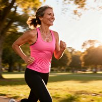 一位35岁左右的女性在公园跑步的侧影，她穿着粉色运动背心和黑色紧身裤，面带微笑，汗水在阳光下闪烁