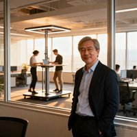 一位40岁左右的男性企业HR站在办公室窗前，穿着商务休闲装，身后是开放式办公区和正在使用站立式办公桌的员工